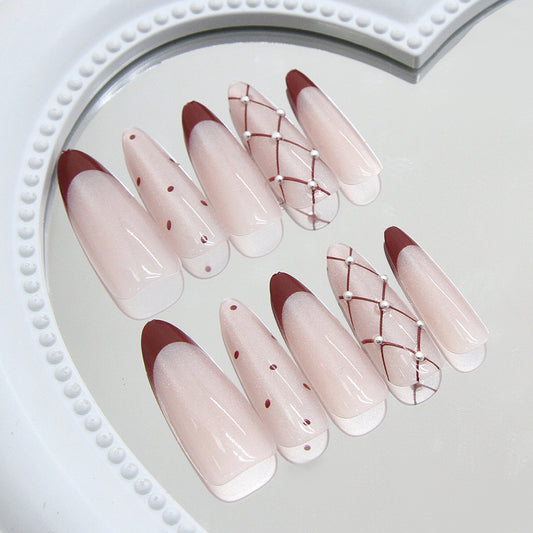 Elegant Romance Long Almond Blush with Burgundy Tips and Intricate Pearl Design Press On Nail Set