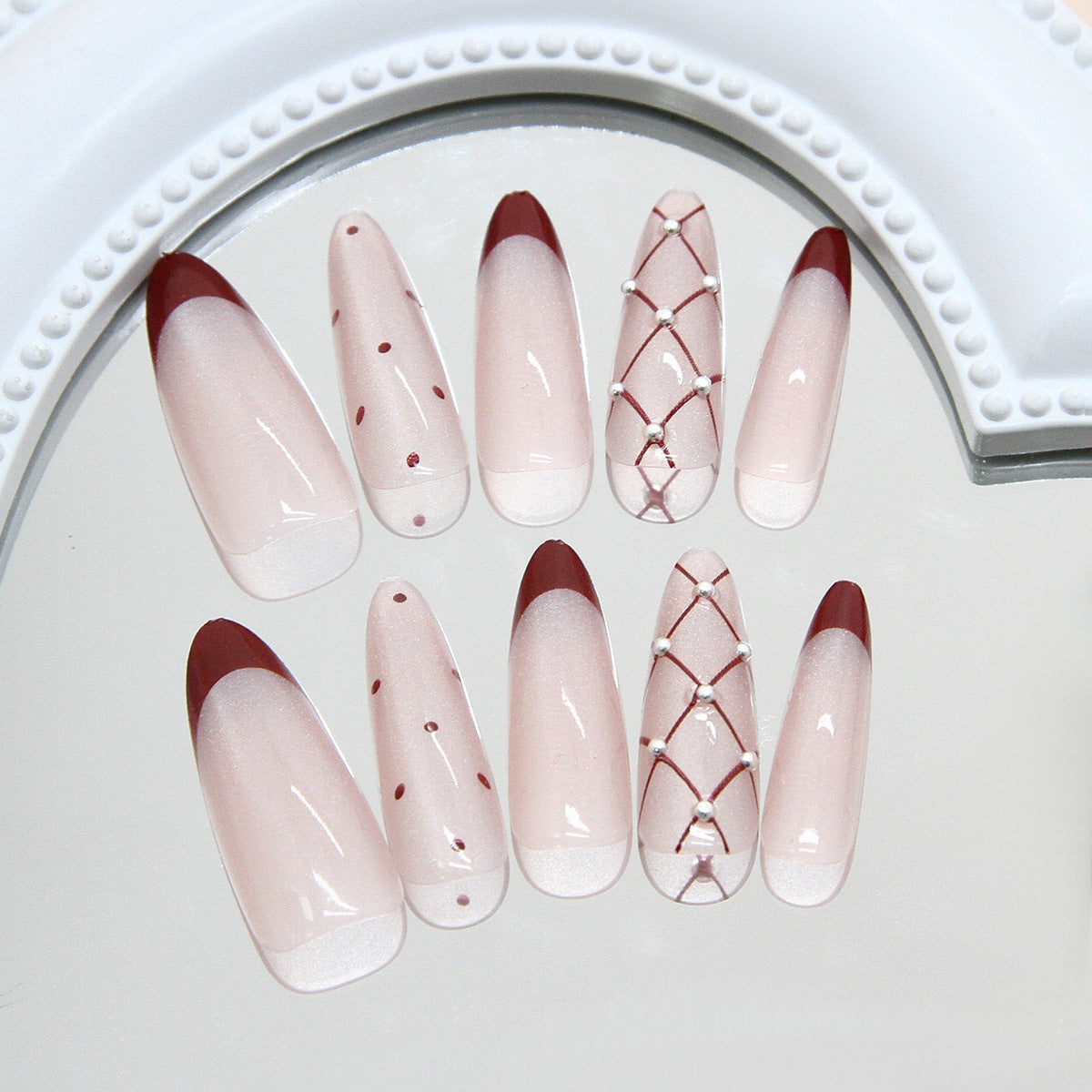 Elegant Evening Blossom Long Almond Shaped Transparent and Burgundy Gradient with Charming Dot and Pearl Accents Press On Nail Set