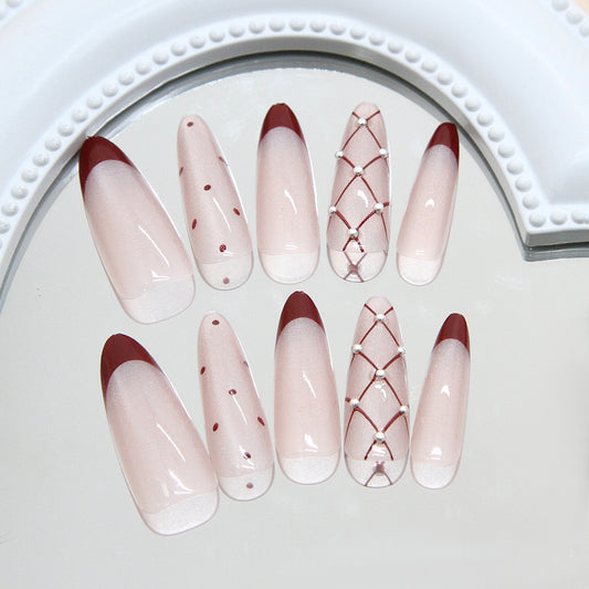 Elegant Evening Blossom Long Almond Shaped Transparent and Burgundy Gradient with Charming Dot and Pearl Accents Press On Nail Set