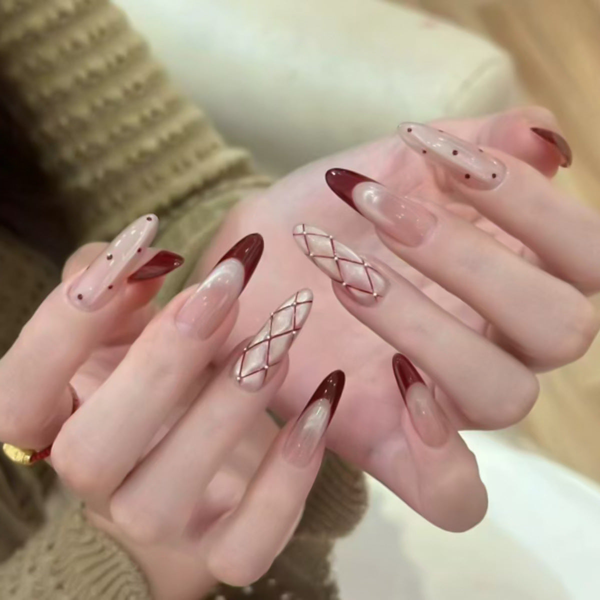 Chic Elegance Long Almond Ombre Pink and Red with Stunning Diamond Pattern Press on Nail Set