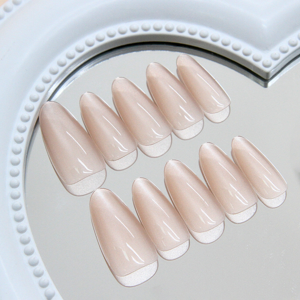 Elegant Petal Length Long Almond Shaped Soft Beige Color Natural Glossy Finish Press On Nail Set