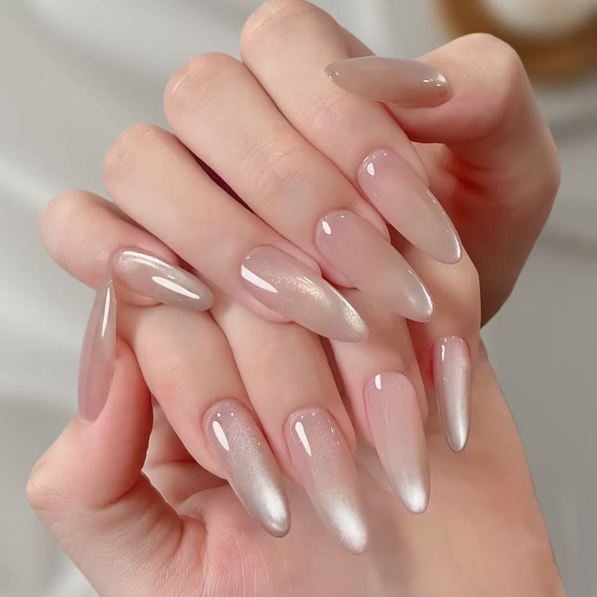 Dreamy Elegance Long Almond Pink Ombre Press On Nail Set with a Stunning Glimmering Finish