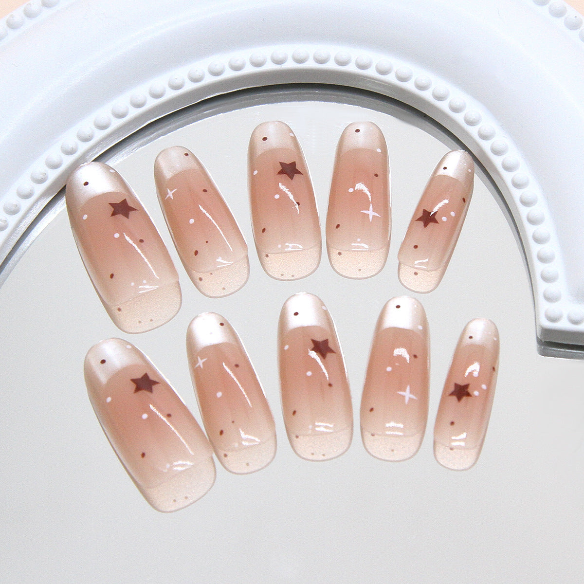 Celestial Dream Press-On Nails Long Oval Beige with Starry Accents
