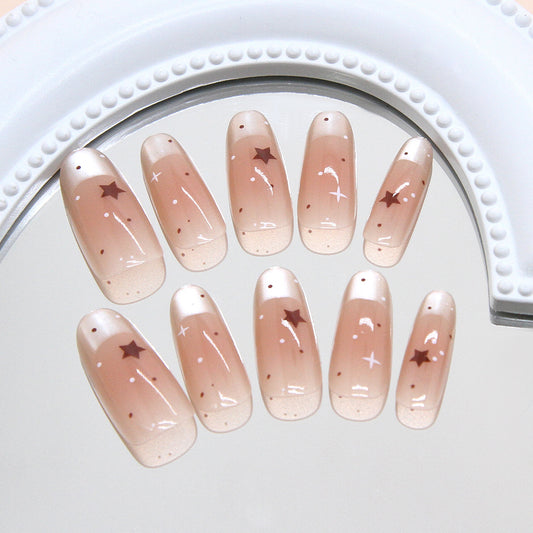 Celestial Dream Press-On Nails Long Oval Beige with Starry Accents