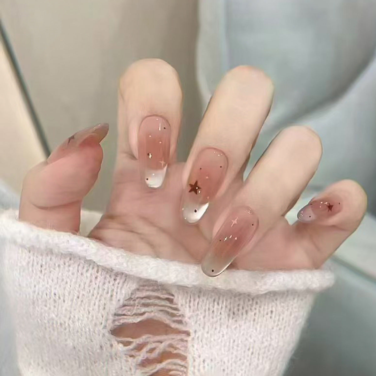 Celestial Dreams Long Almond Beige Ombre Press-On Nail Set with Glittering Star Accents