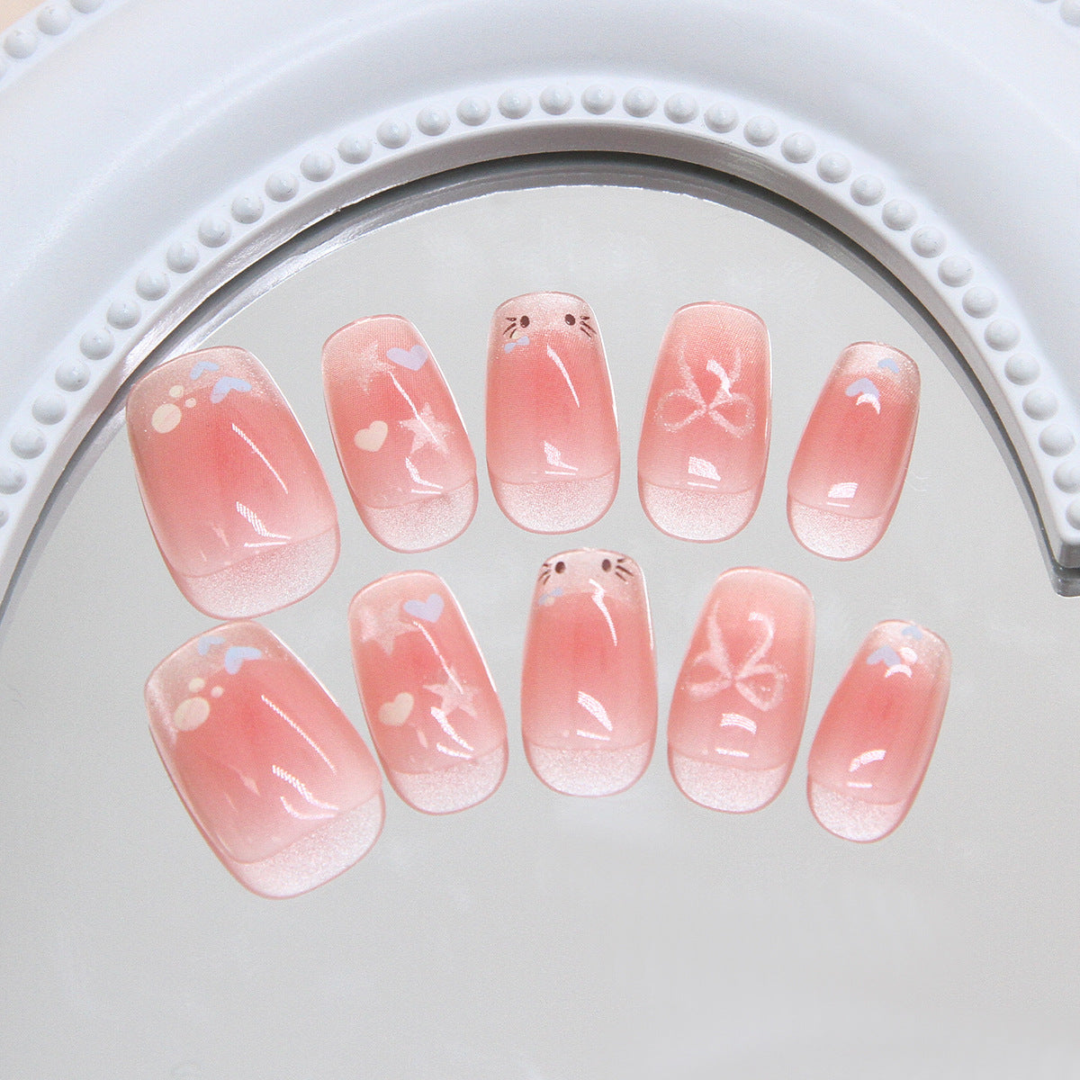 Whimsical Charm Short Square Pink Gradient Press On Nail Set With Cute Illustrations