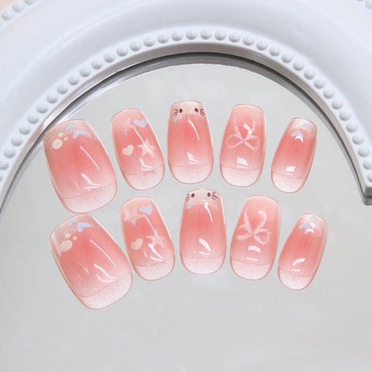 Whimsical Charm Short Square Pink Gradient Press On Nail Set With Cute Illustrations