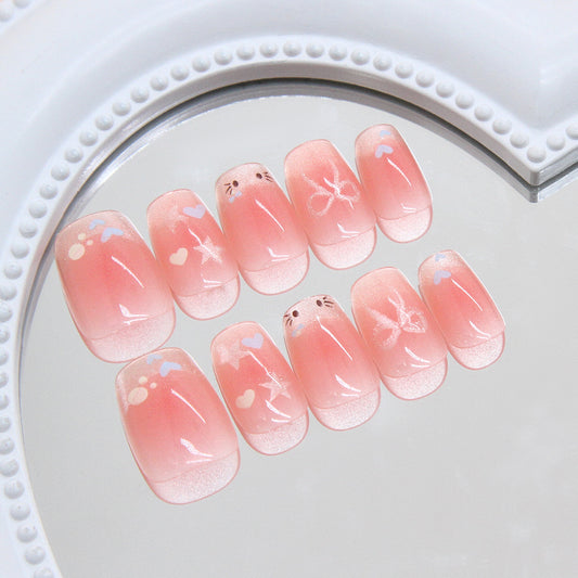 Whimsical Bunny Dreams Short Square Soft Pink Nail Set With Charming Heart And Star Designs