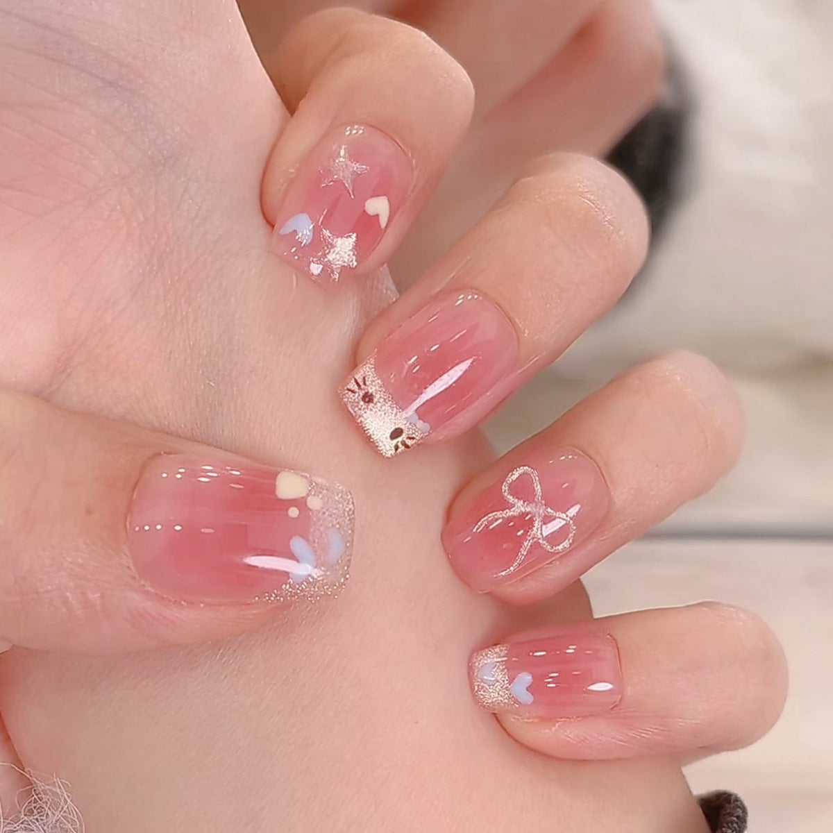 Charming Dreamland Pink Short Square Press On Nail Set With Glittering Heart And Star Accents