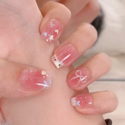 Charming Dreamland Pink Short Square Press On Nail Set With Glittering Heart And Star Accents
