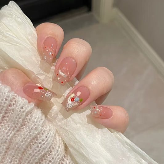 Charming Blossom Medium Square Beige Press on Nail Set with Colorful Floral Accents