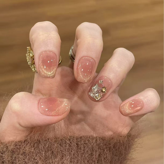 Glimmering Elegance Short Square Shape Soft Pink with Glittering Accents Press On Nail Set