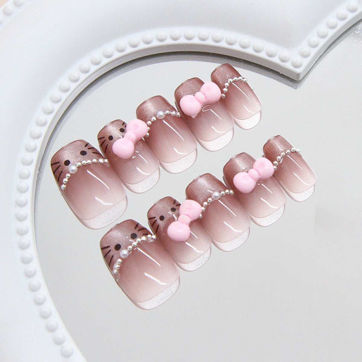 Whimsical Cat Lover Medium Square Pink Ombre Press On Nail Set With Charming Bow And Pearl Accents
