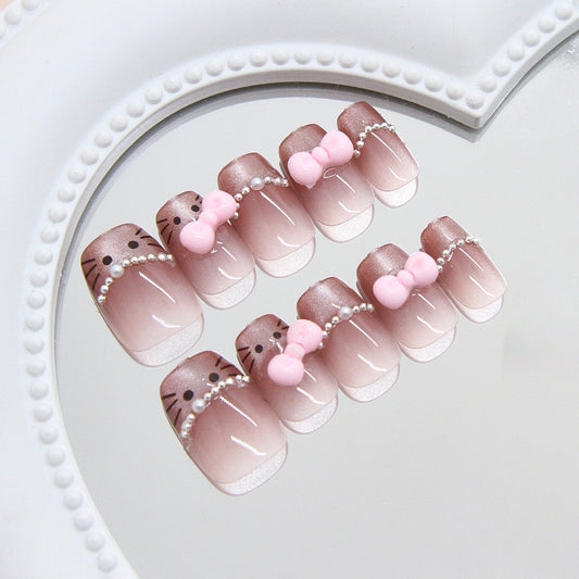 Whimsical Cat Lover Medium Square Pink Ombre Press On Nail Set With Charming Bow And Pearl Accents