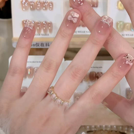 Charming Floral Blush Medium Square Press-On Nail Set with Cute Bow Accent