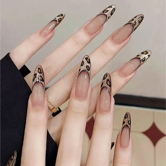 Wild Chic Long Almond Beige and Leopard Print Press On Nail Set for Striking Manicures