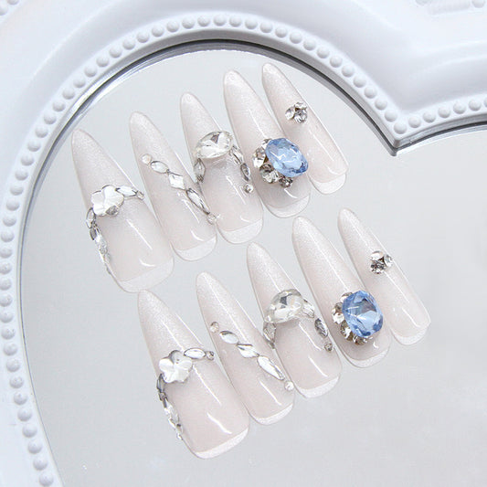 Enchanted Elegance Long Almond White Press On Nail Set with Sparkling Rhinestone Accents