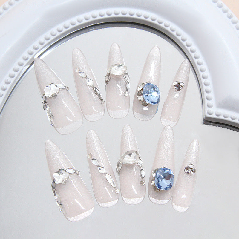 Glamorous Elegance Long Almond Clear White with Crystal Accents Press on Nail Set