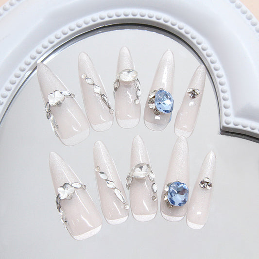 Glamorous Elegance Long Almond Clear White with Crystal Accents Press on Nail Set