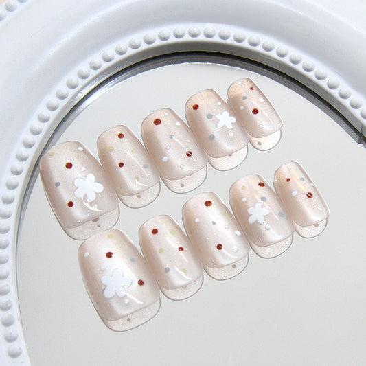 Whimsical Garden Short Square Blush Beige with Playful Floral Accents Press on Nail Set