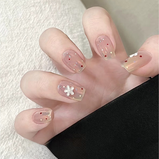 Floral Delight Short Square Transparent with Colorful Polka Dots and Charming Flower Accent Nail Set