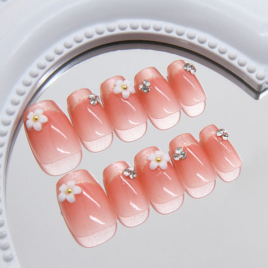 Blossoming Elegance Short Square Soft Pink Press On Nail Set with Floral Accents and Sparkling Gems