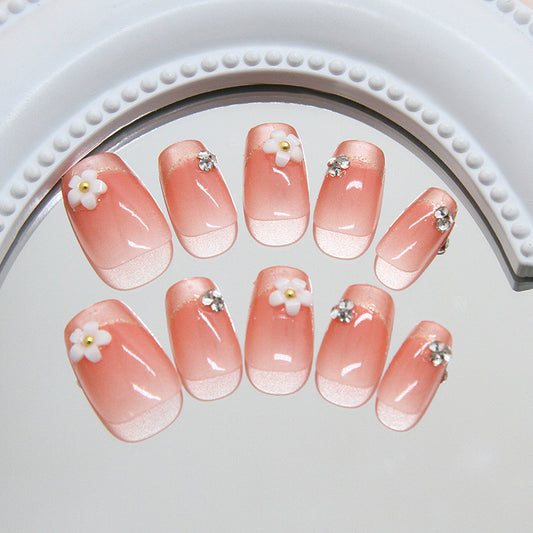 Blossom Delight Short Square Pink Ombre with Floral Accents Press-On Nail Set