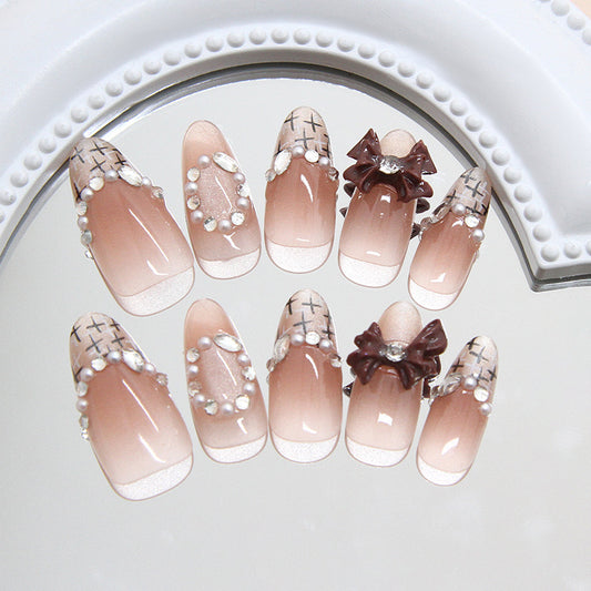 Elegant Glamour Press on Nail Set Medium Almond Blush Pink With Dazzling Bow Embellishments