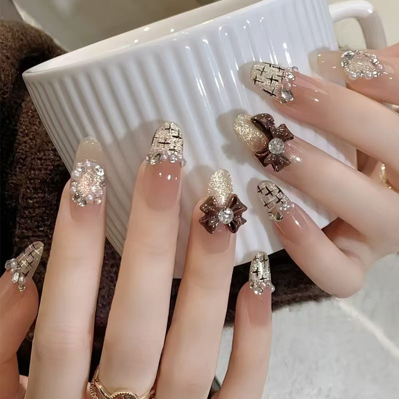 Elegant Floral Fantasy Medium Almond Beige and Gold Sparkly Design with Embellished Flowers