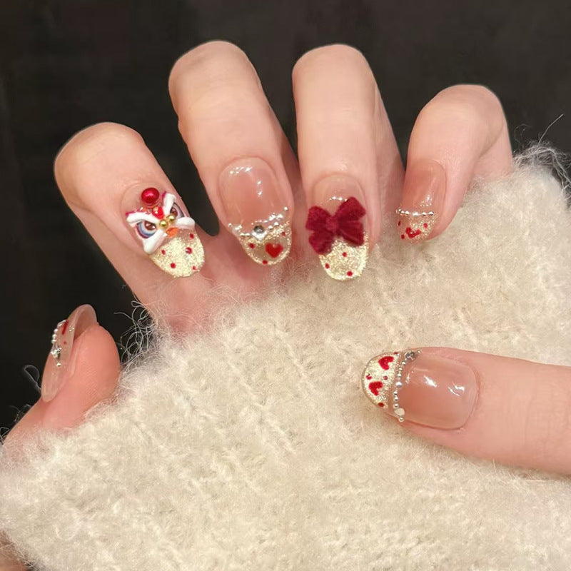 Charming Romance Medium Round Pink with Heart and Bow Accents Press On Nail Set