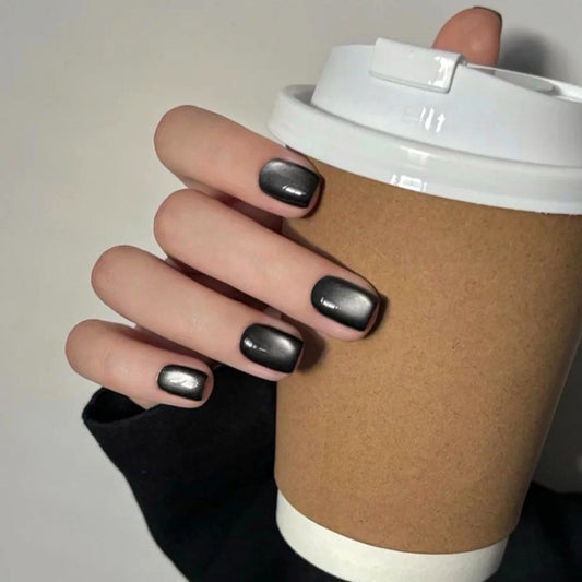 Gothic Elegance Short Square Matte Black Press On Nail Set with Stunning Ombre Finish