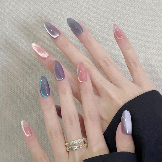Enchanting Dreamscape Long Almond Ombre Purple and Pink with Dazzling Glitter Press-On Nail Set