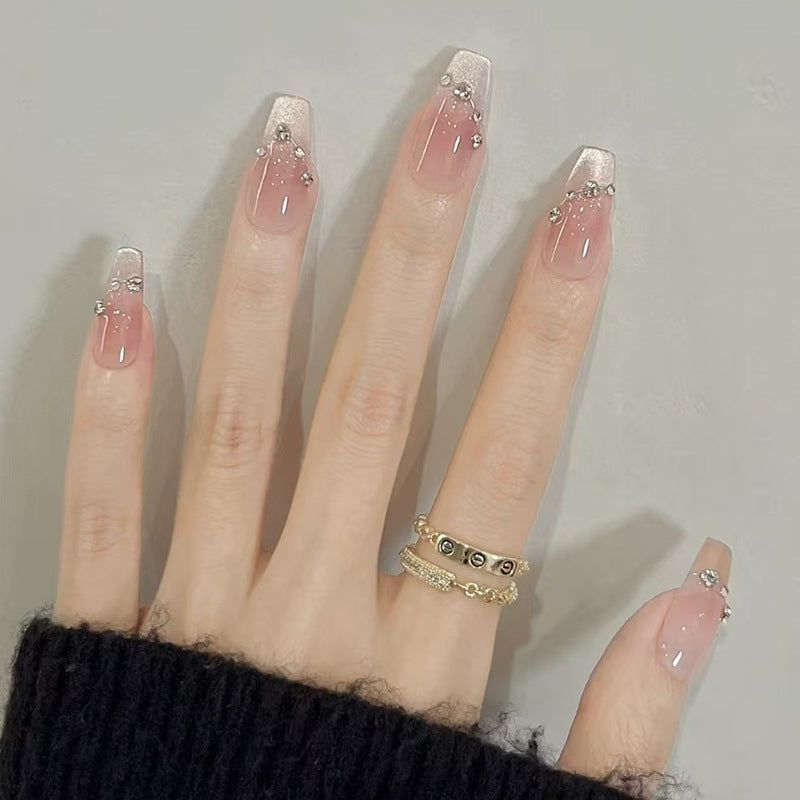 Glamorous Elegance Long Coffin Pink with Dazzling Rhinestone Accents Press On Nail Set