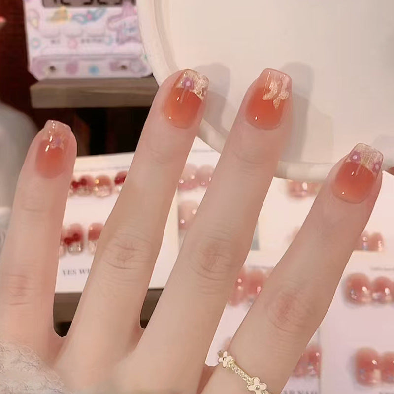 Whimsical Blossom Short Square Ombre Orange Nail Set with Glittery Accent Tips