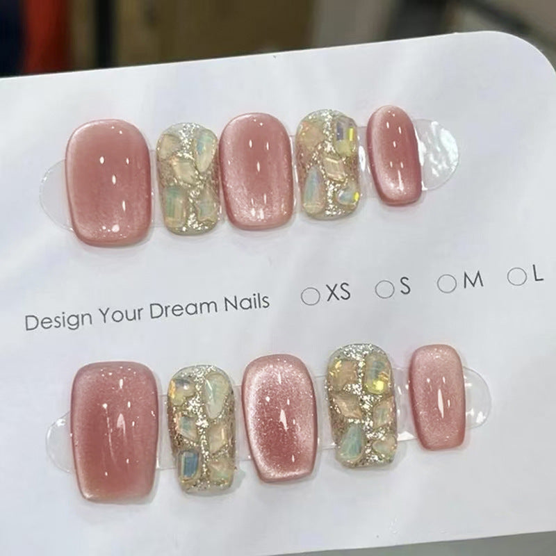 Dreamy Elegance Short Square Rose Gold Shimmer with Iridescent Gems Press On Nail Set