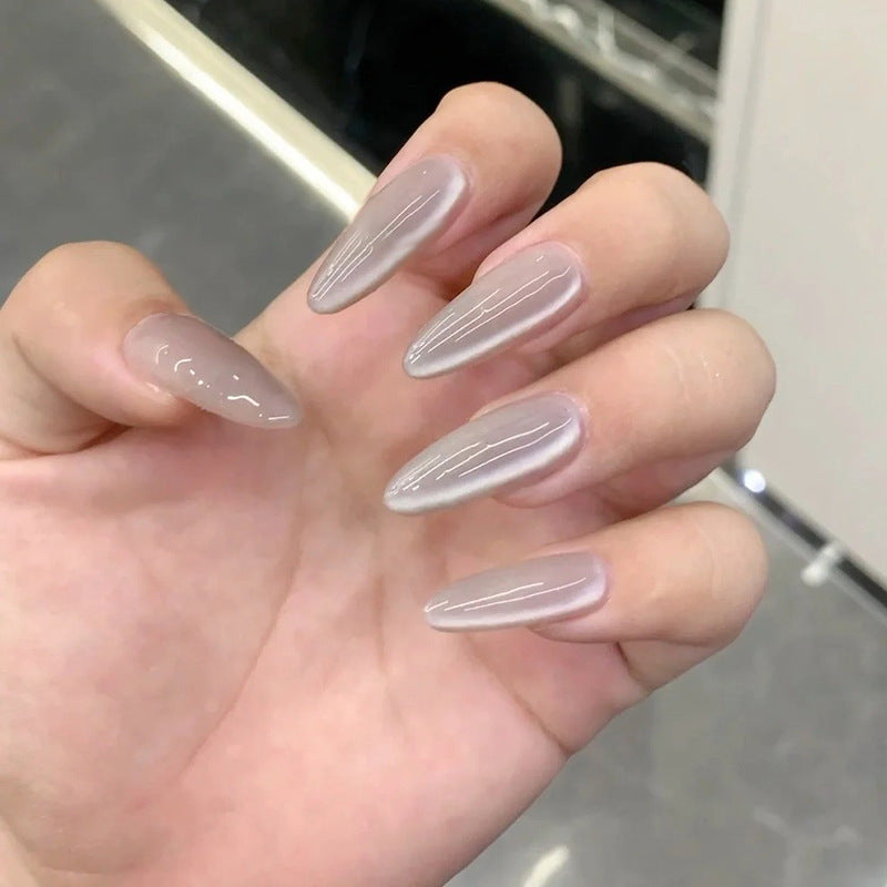 Glamorous Elegance Long Almond Shape Translucent Gray Press On Nail Set with Glossy Finish