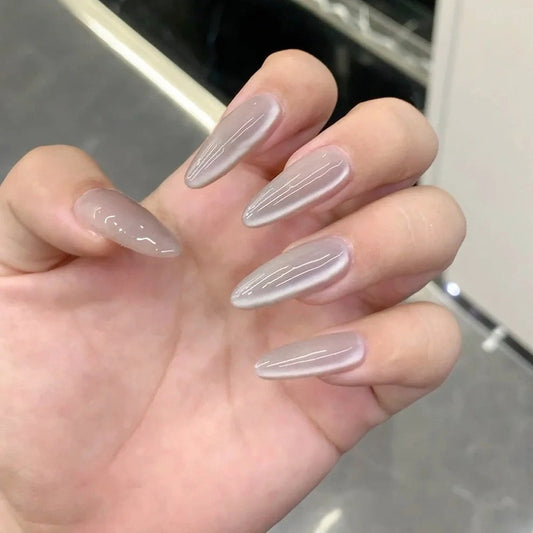 Glamorous Elegance Long Almond Shape Translucent Gray Press On Nail Set with Glossy Finish