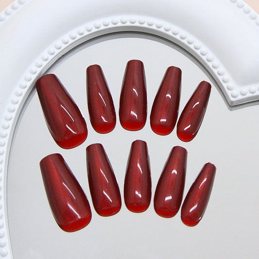 Elegant Crimson Dreams Long Coffin Shaped Glossy Red Press On Nail Set with a Shimmering Finish