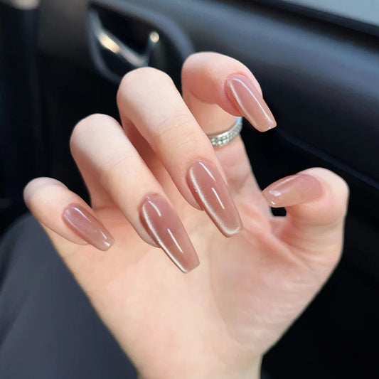 Chic Elegance Long Coffin Beige Press On Nail Set with Glossy Finish