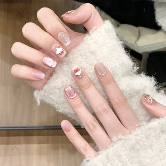 Whimsical Garden Elegant Short Square Shaped Soft Pink and Beige Press on Nail Set with Floral Accents