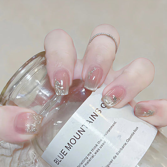 Whimsical Elegance Short Square Ombre Pink and Gold Floral Press On Nail Set