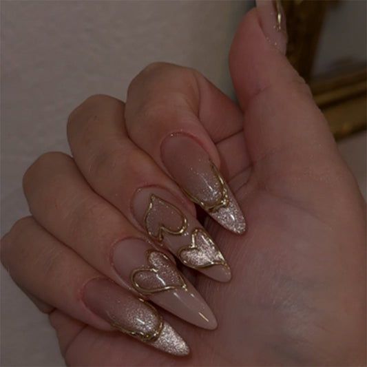 Heartfelt Elegance Long Almond Beige with Gold Outline Nail Set