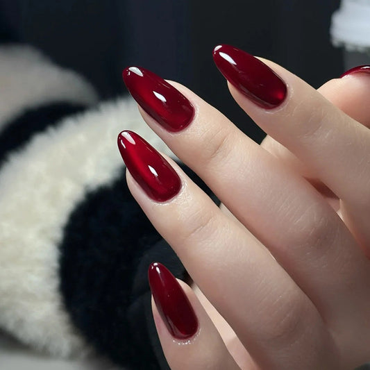 Elegant Elegance Medium Almond Shaped Deep Red Glossy Press On Nail Set