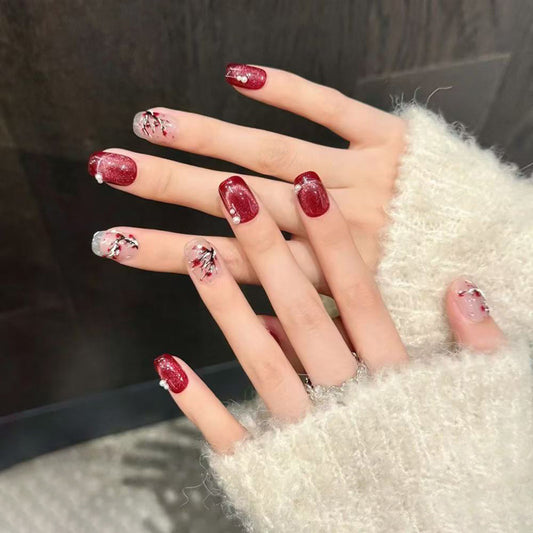 Enchanting Winter Wonderland Glossy Short Square Red and Clear Floral Press on Nail Set with Glitter Accents