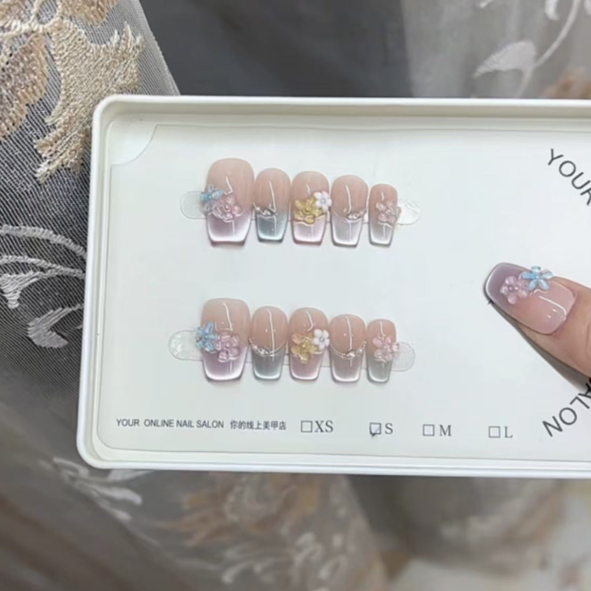 Dreamy Blossom Press On Nail Set Medium Square Gradient Pink with Floral Accents