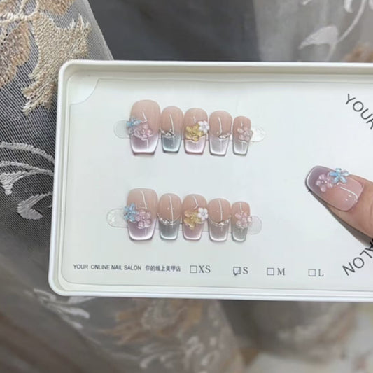 Dreamy Blossom Press On Nail Set Medium Square Gradient Pink with Floral Accents
