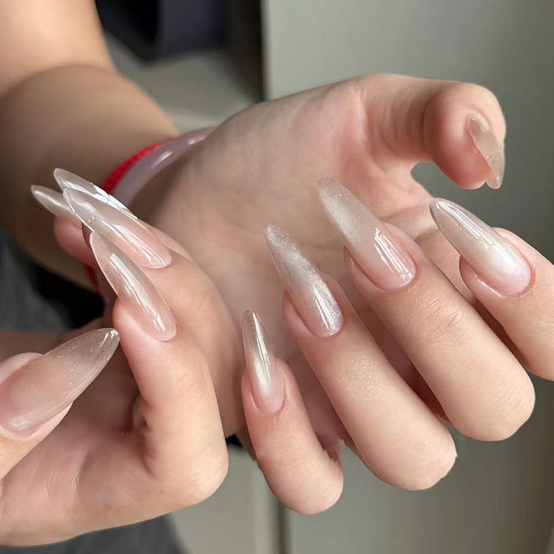 Enchanted Elegance Long Almond Ombre Beige Press On Nail Set with Sparkling Gradient Finish