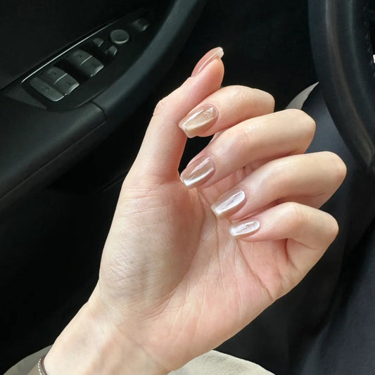 Chic Serenity Medium Square Beige Glossy Press On Nail Set with Iridescent Shine