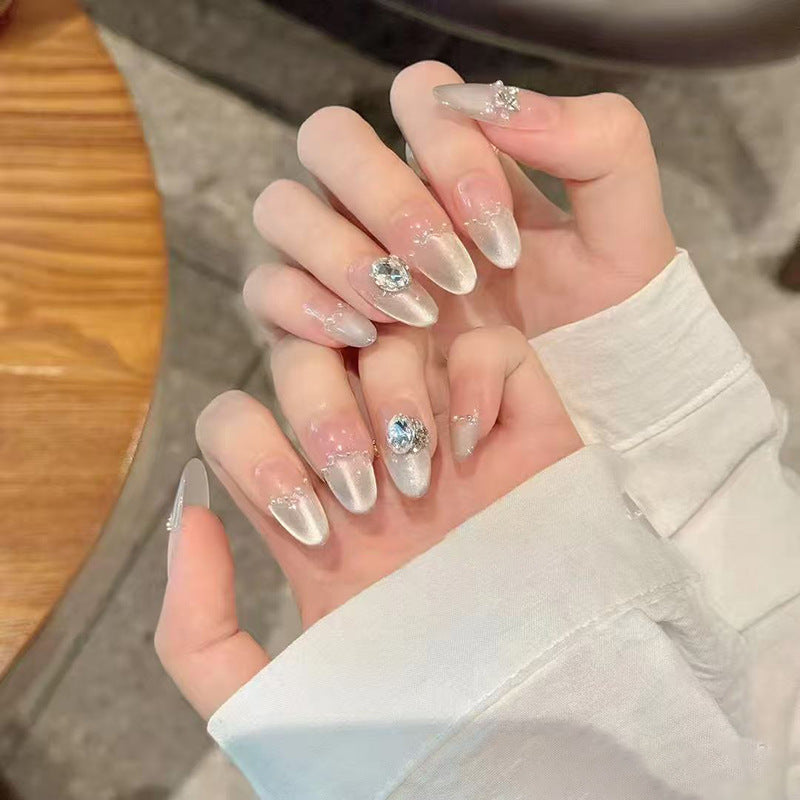 Enchanting Elegance Medium Almond Shaped Sparkling Silver Press On Nail Set