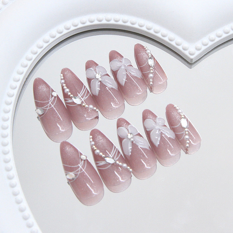 Elegant Garden Dream Medium Almond Pink with Floral Accents and Pearl Detailing Press On Nail Set